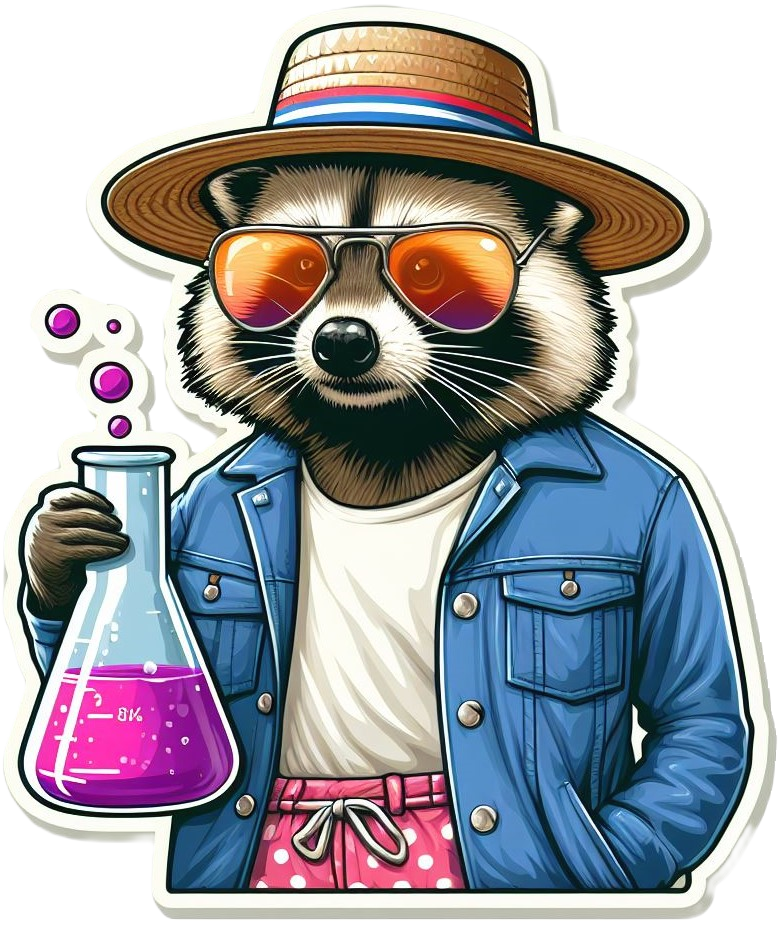Mr. Raccoon holding a test tube