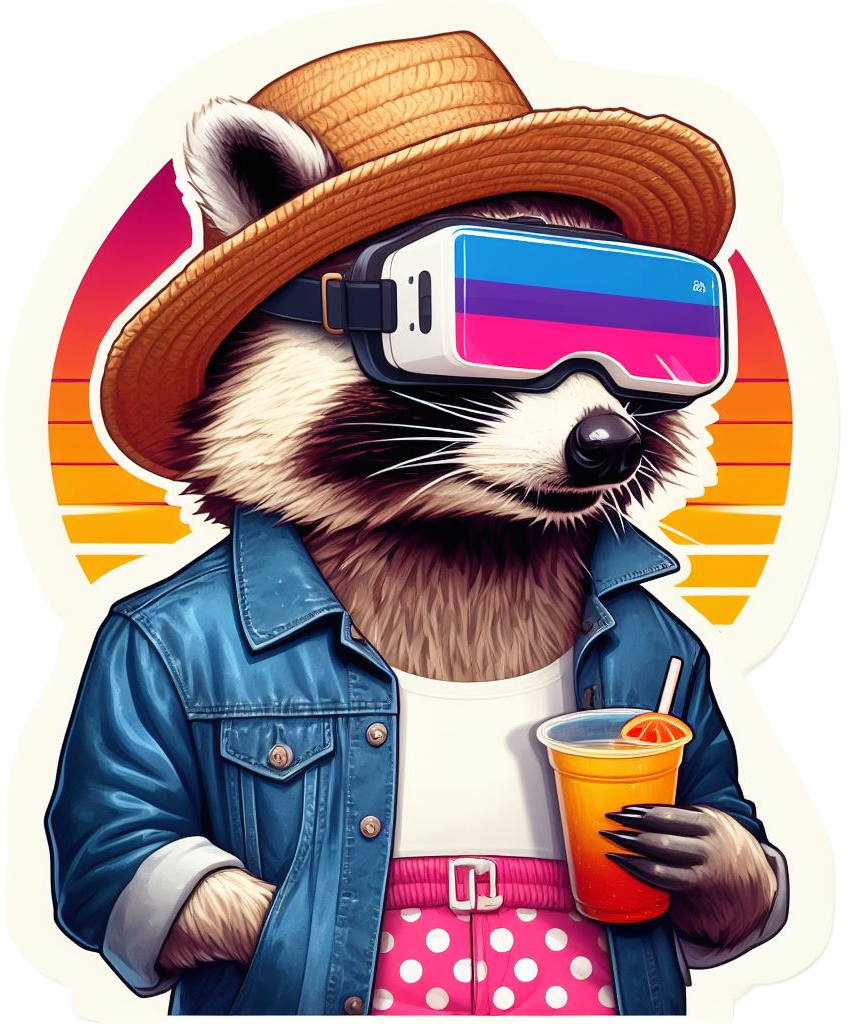 Mr. Raccoon wearing VR goggles holding a drink